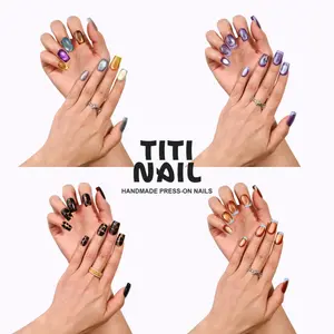 TiTinails Short Squoval Press On Nails| 100% Handmade 10pc Reusable Set| French Tip, Cat Eye, Star & Glitter Designs