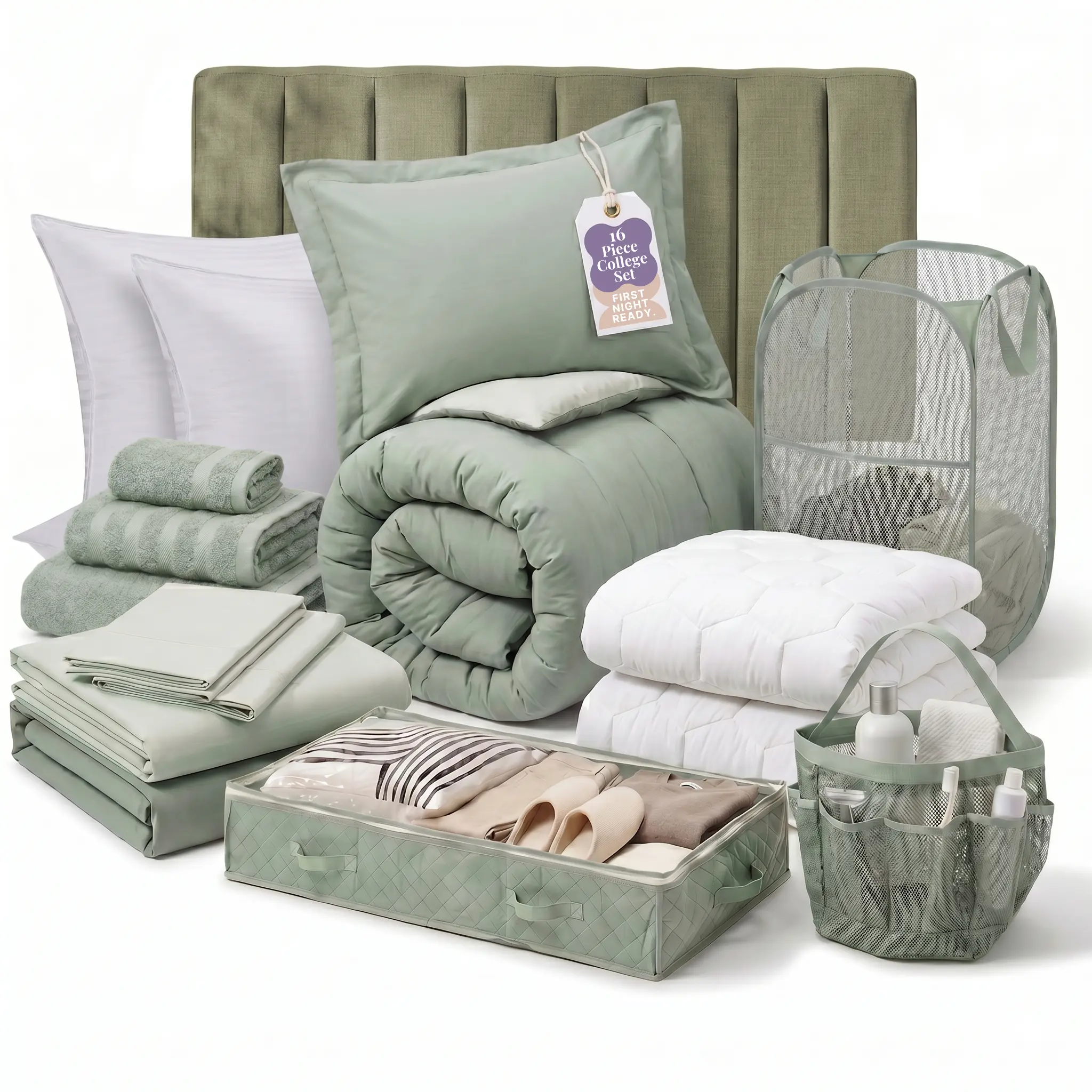 Nestl 16-Piece Twin XL Dorm Bed Set – Complete College Bed-in-a-Bag Kit with Comforter, Sheets, Pillows, Towels, Storage, Hamper, Shower Caddy, Stick-On Headboard