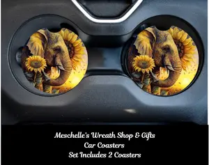 Elephant & Sunflowers Car Coasters - Upgrade Your Car Interior with Stylish and Functional Car Coasters