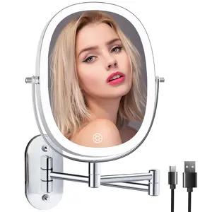 Lighted Wall Mounted Makeup Mirror, 3 Color Lighting Option Dimmable, Double Sided 1X/7X Magnifying Mirror, 360 Rotation Extension Foldable Arm, Oval Frame Rechargeable Vanity Mirror with Lights
