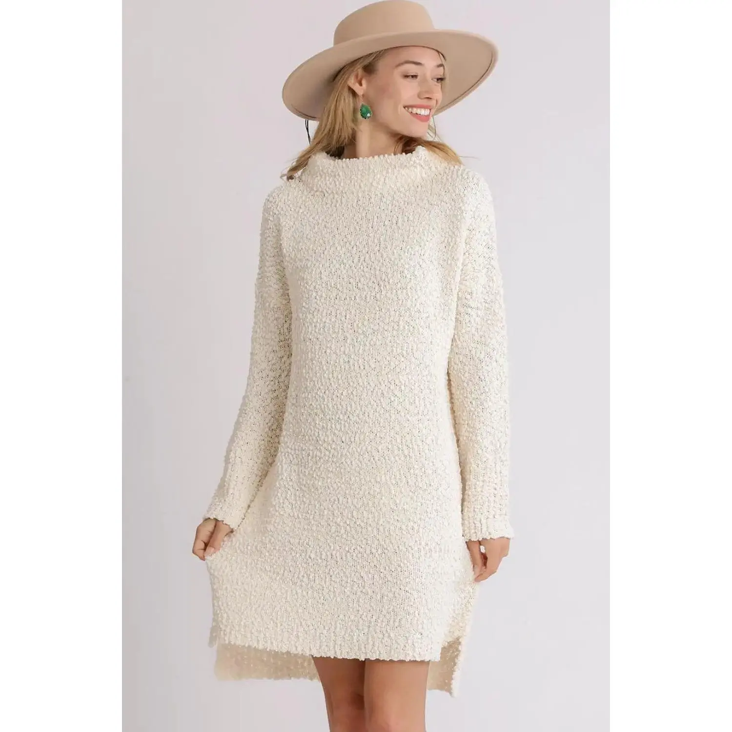 Umgee Full Size High Low Long Sleeve Boucle Sweater Dress Plus Size