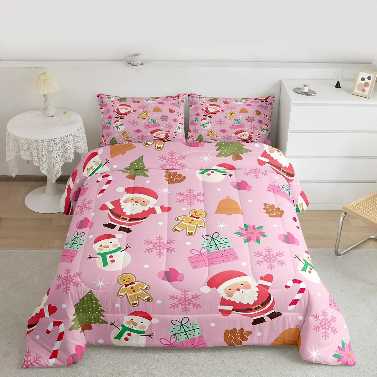 Merry Xmas Santa Claus Comforter Set Snowman Christmas Tree Bedding Set Snowflake Winter Theme Duvet Quilt Pink Bedroom Decor 1