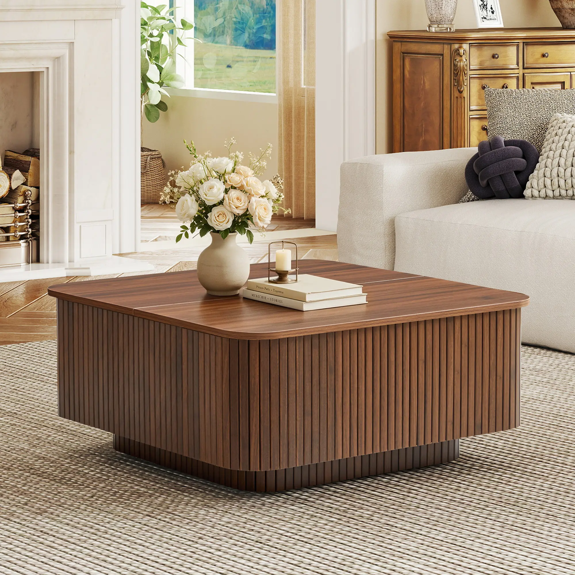 Giratree 31.5" Square Coffee Table with Storage, Fluted & Floating Base Flip-Top Hidden Storage, Smooth Rounded Corners, Water-Resistant Top, Sturdy Metal Hinges, Living Room Block Base