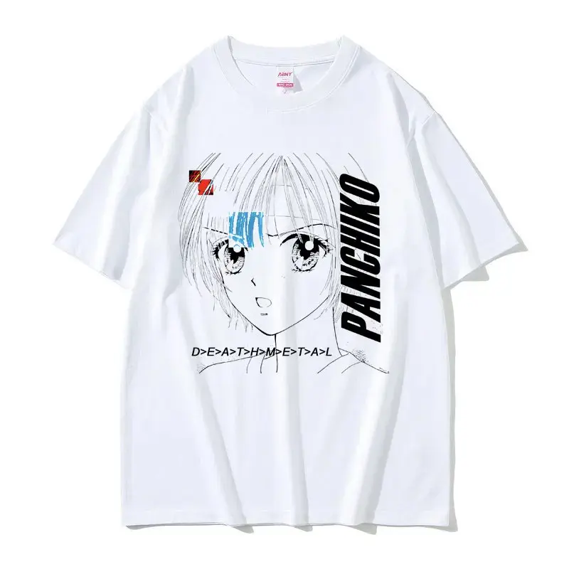 Unisex Anime Panchiko Death Metal Print T-Shirt - Retro 90s Manga Line Art, Oversized Round Neck, Punk Alternative Harajuku Aesthetic, Soft Breathable Cotton Short Sleeve Streetwear Top for Otaku Fans