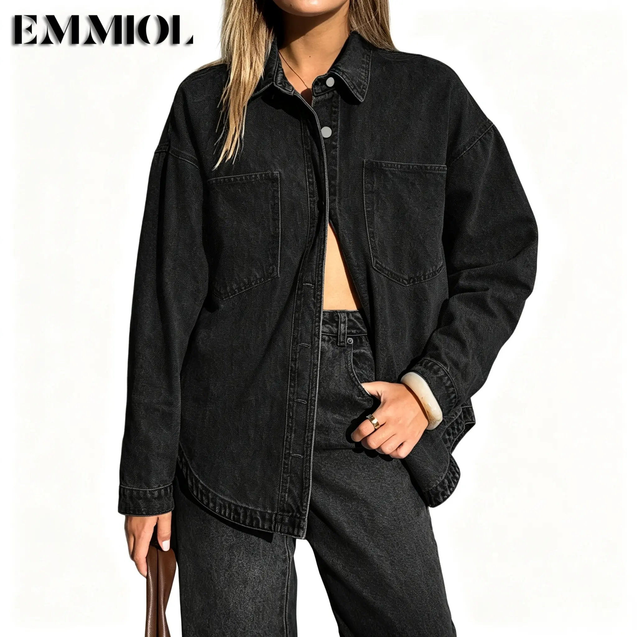 EMMIOL Women Oversized Denim Shacket, 100% Cotton Long Sleeve Button Down Jean Shirt With Pockets, Fall Winter Layering Back To School Fall New Arrival Outfits