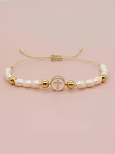 1 Piece of Irregular Baroque Artificial Pearl Cross Adjustable Bead Bracelet for Men and Women, Simple Casual Daily Commuting Versatile Bracelet, Religious Jewelry Gift
