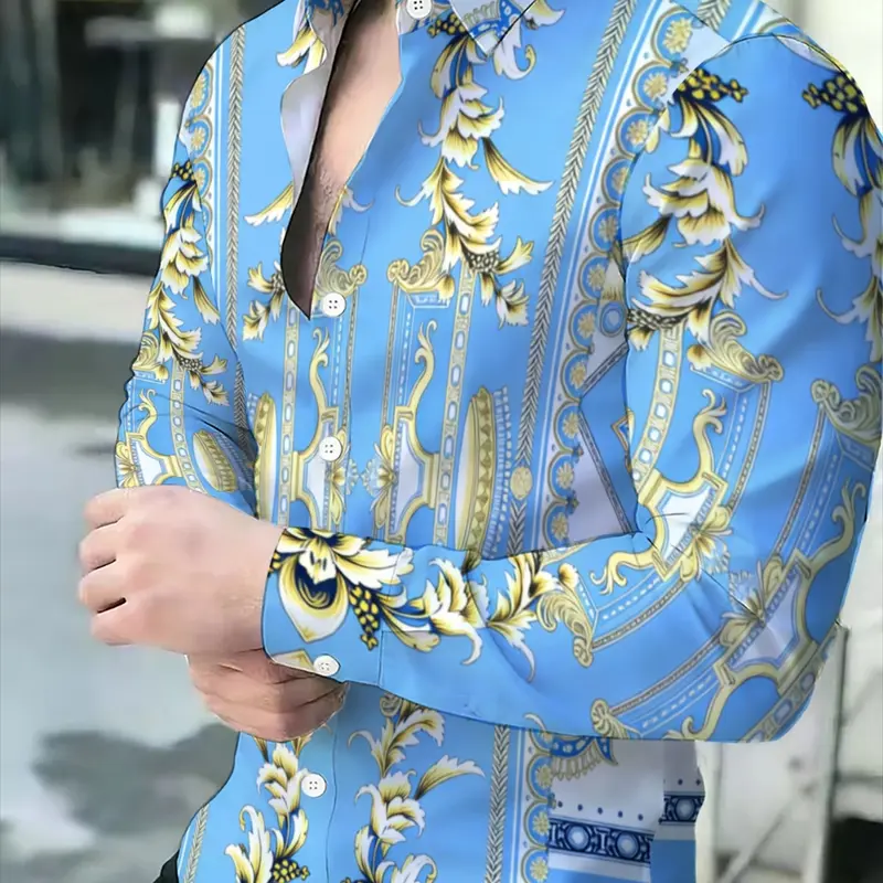 Men's Long Sleeve Shirt Blue Baroque Print Novel Pattern Long Sleeved
