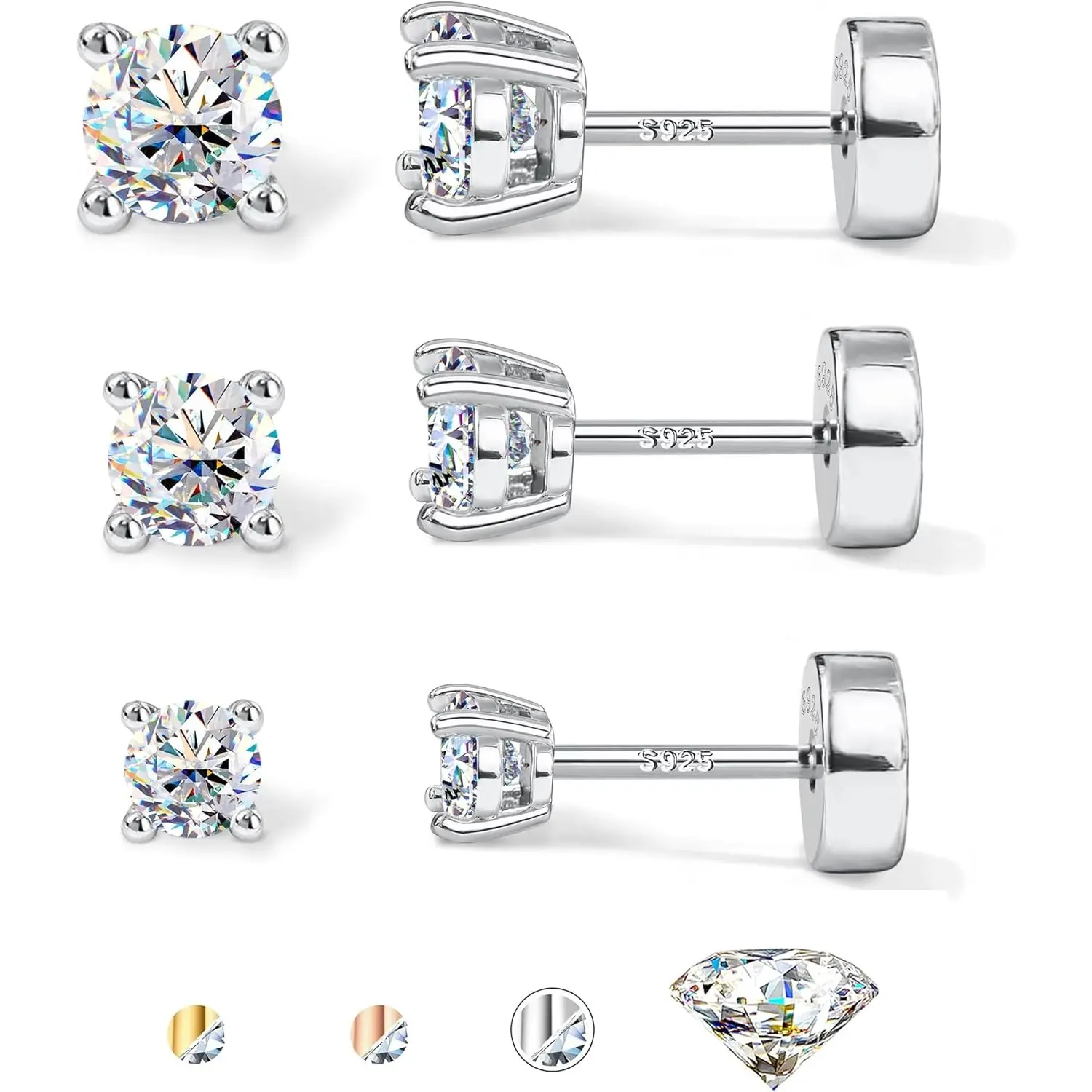Fashionable 3 Pairs Synthetic Moissanite Earrings Studs 14K Gold Plated S925 Sterling Silver Flat Back Earring for Women Men - Hypoallergenic Set Cartilage Helix Piercing Jewelry D Color VVS1 1.8CT