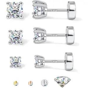 Fashionable 3 Pairs Synthetic Moissanite Earrings Studs 14K Gold Plated S925 Sterling Silver Flat Back Earring for Women Men - Hypoallergenic Set Cartilage Helix Piercing Jewelry D Color VVS1 1.8CT