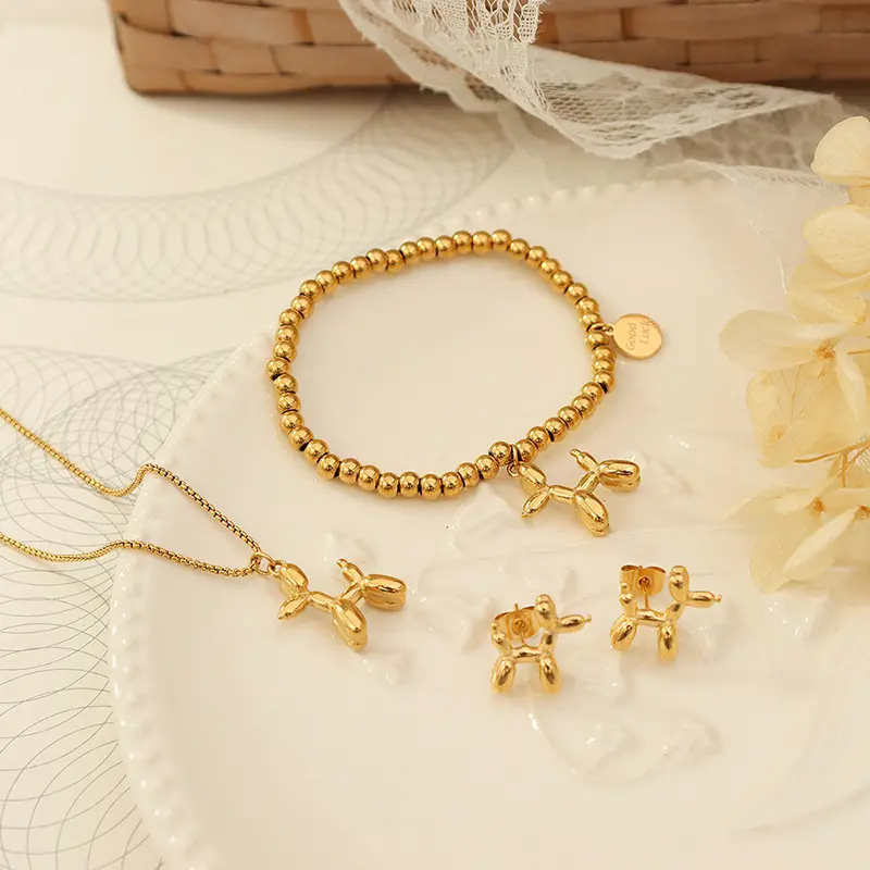 4PCS Jewelry Set, Ornament Cute Balloon Air Dog Clavicle Puppy Necklace Earrings Titanium Steel Gold-plated Bracelet Ornament Suit
