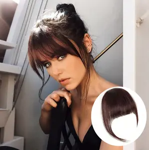 VOSILK Hair Straight Bangs Clip on Nut Brown Long Wispy Bangs Hair Clip with Temples Fringe Neat Bangs Clip in Hair Extensions for Women