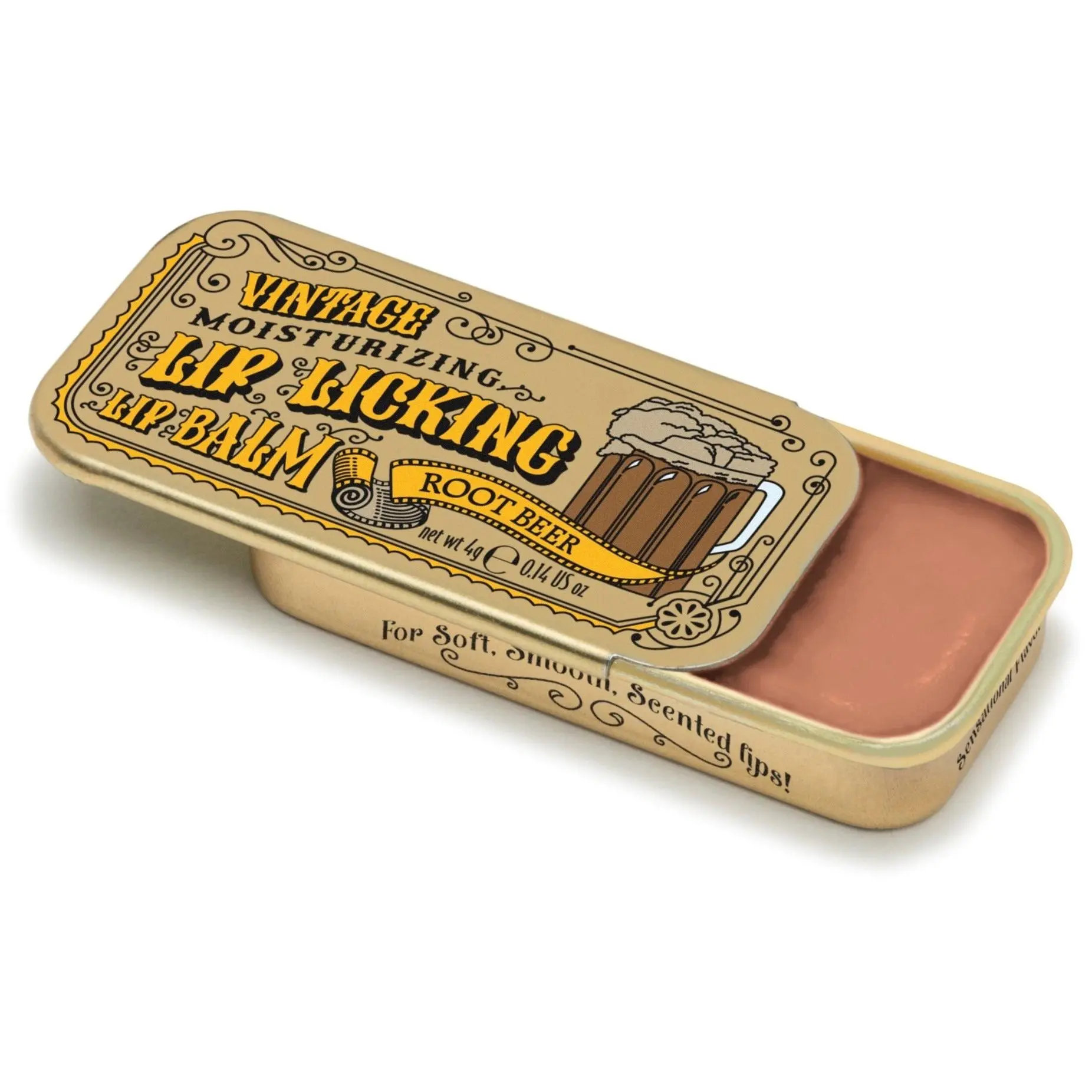Tinte Cosmetics Scented Root Beer Tinted Lip Balm - Cosmetic with Moisturizing Shea Butter for Silky Smooth Finish, Vintage Slider Tin, 0.23 oz