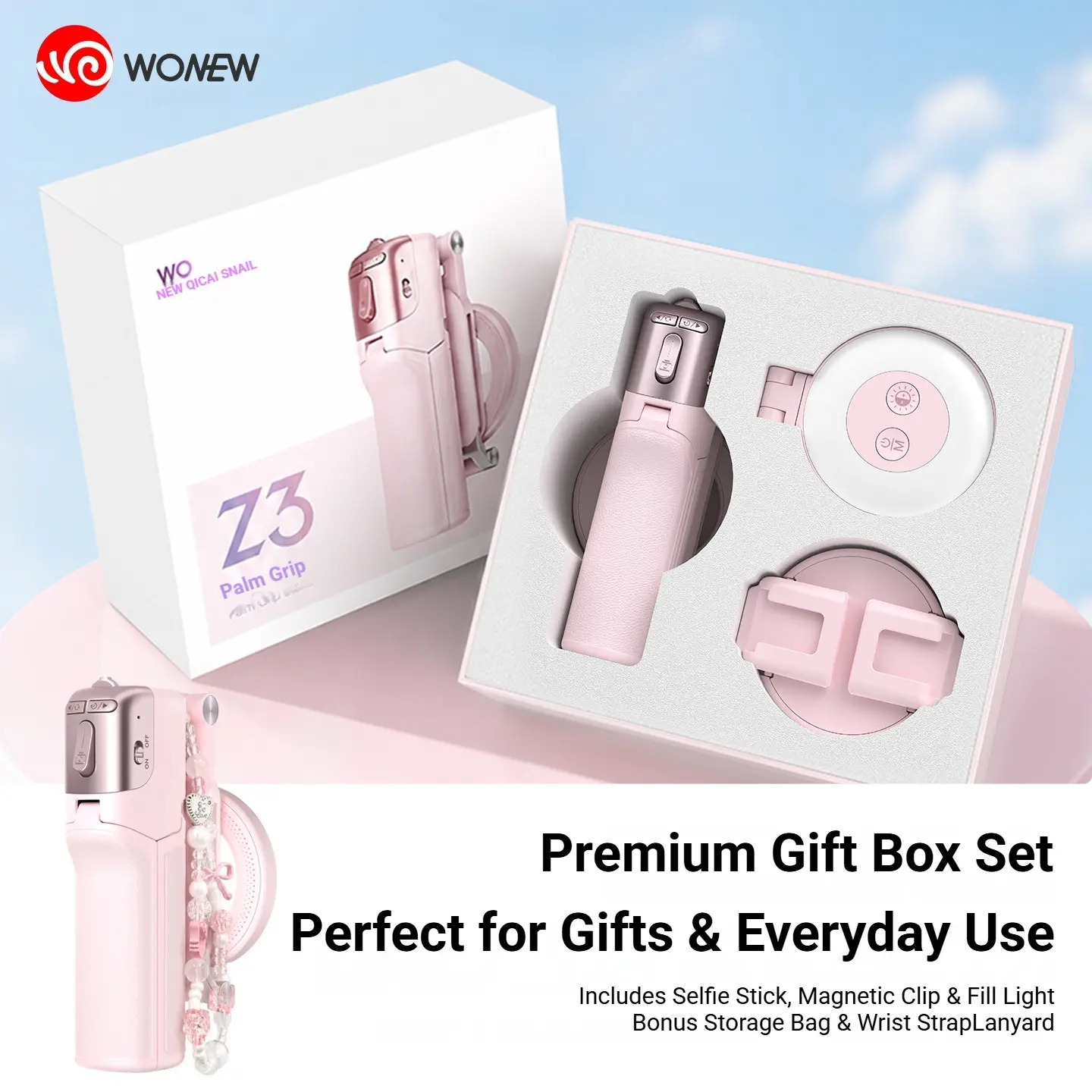 WONEW Z3 Premium Gift Box Set, Magnetic Zoom Selfie Stick Kit with Fill Light, Mini Palm Grip Phone Holder for Travel & Vlog,PinkHalloween