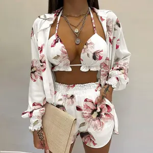 2025 Women's Sexy Three-Piece Set Spring Summer Beach Fashion Shorts Set