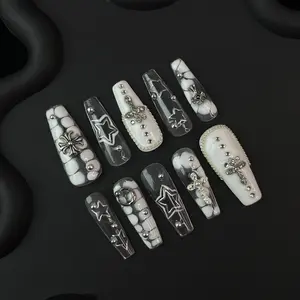 C - $21.9 SirenTips Signs Stiletto/Coffin Handmade Press On Nail Art 10pcs Set Free Tools Luxury Nail Care Manicure Daily Durable