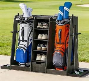 Wooden Golf Bag Organizer and Storage Rack High Quality Solid Wood 2 Bag Rack with Drawers Easy Assembly Club Holder Stand for Golf and Sports Equipment