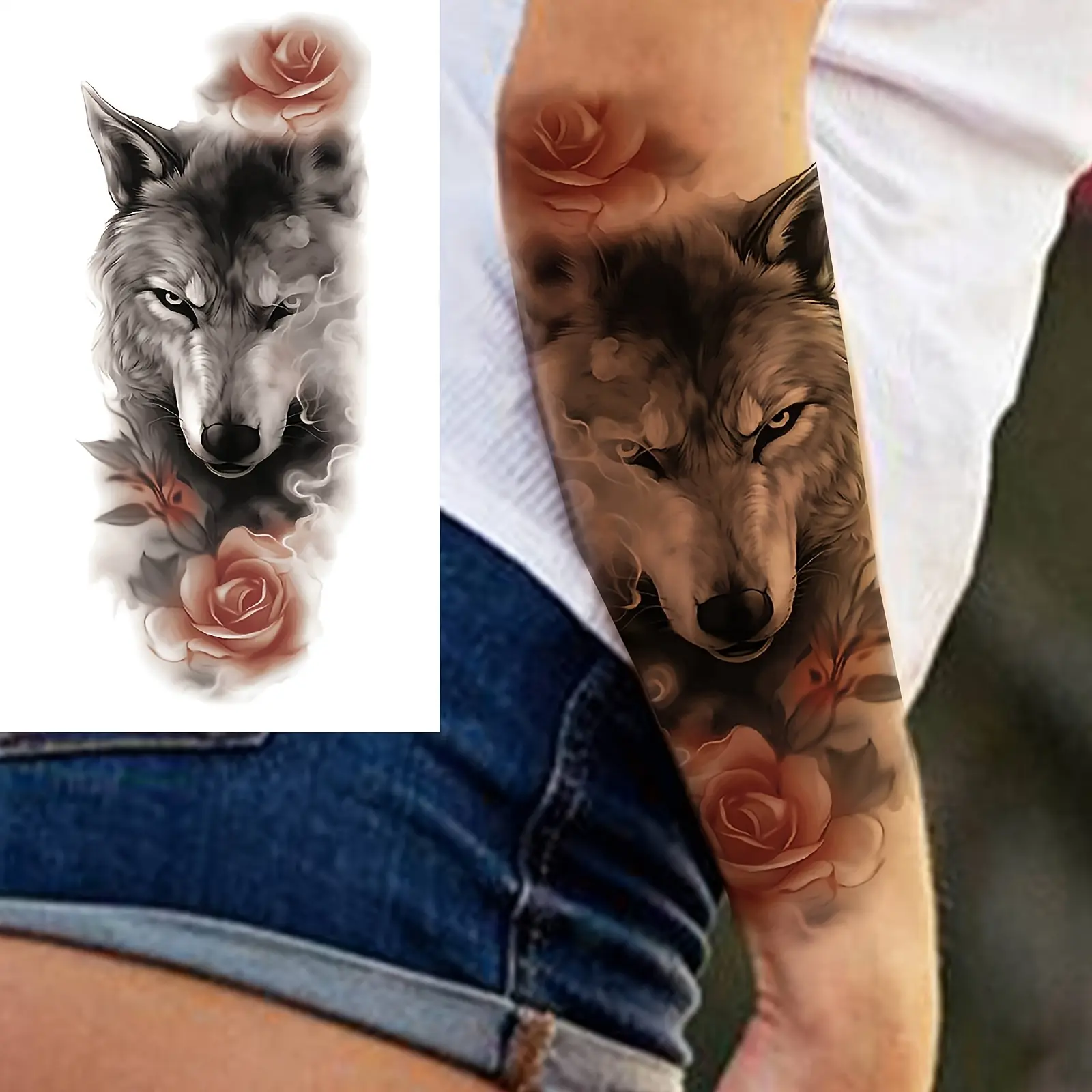 8 Sheets Realistic Temporary Tattoos - Waterproof, Long Lasting, Glue-Free, Dramatic Designs (Lion, Wolf, Tiger, Rose Flower), Easy Apply & Remove Body Art for Women, Halloween, Parties, Gifts