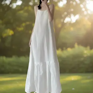 Cotton and linen solid color dress simple splicing suspender skirt 2026 summer temperament women's clothing new loose literary dress Sports and Outdoors