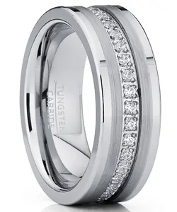 Men's Tungsten Wedding Band Eternity Ring Cubic Zirconia Silver 8MM