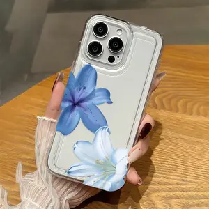 Transparent Phone Case with a Blue And White Lily Flower Pattern for Iphone 16, 15, 14, 13, 12, 11, XS, XR, X, 7, 8 Plus, Pro Max, And SE Series, Suitable As a Birthday Gift for Girlfriends, Boyfriends, Or