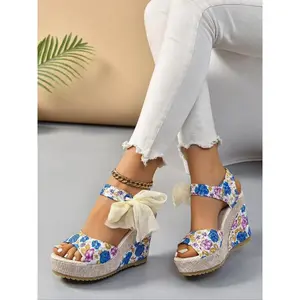 Women'sFashionableFloralPatternBowknotDesignWedgeSandals,CasualBohoStylePeepToeSandalsforSummer,LightweightBreathableComfortableShoesforDailyWear,GirlGiftVersatile