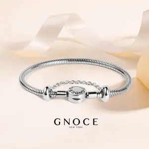 GNOCE Charm Bracelet With Safety Chain Stainless Steel Snake Chain Metal Basic Charm Bracelet DIY Bangle with Round shaped Clasp Casual Trendy Jewelry
