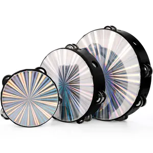 6/8/10 Inch Radiant Tambourine, Double Row Jingles Handheld Drum, Reflective Tambourines for Adults, Multifunction Musical Instrument for Church, Dance, Party, KTV