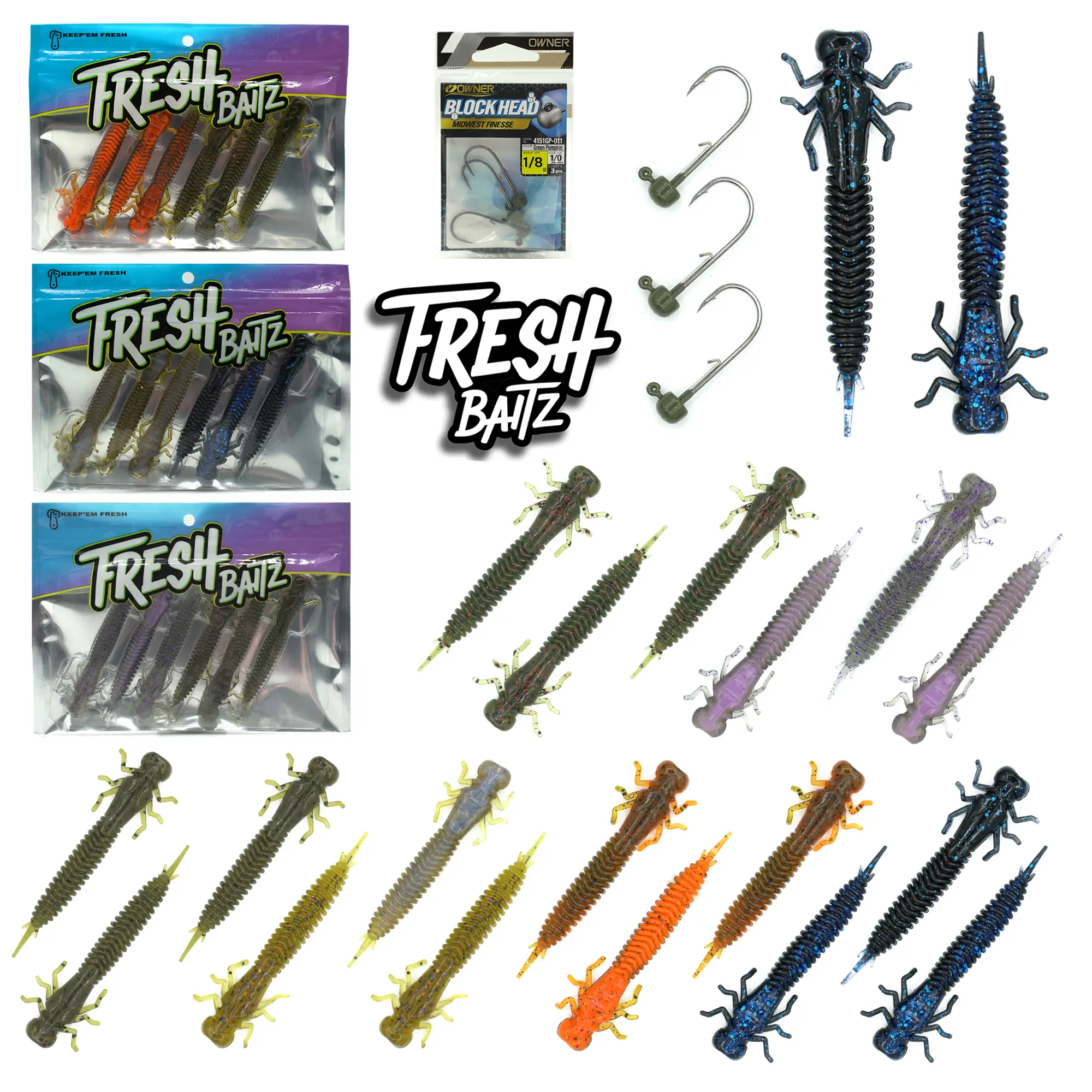 Fresh Baitz Hellamite Fun Pack - 22 Piece Bass Fishing Set with Alabama, Green Pumpkin, Smoke Purple, Goby, Watermelon Red, Black & Blue, Owner Block Head Jigs - Made in USA