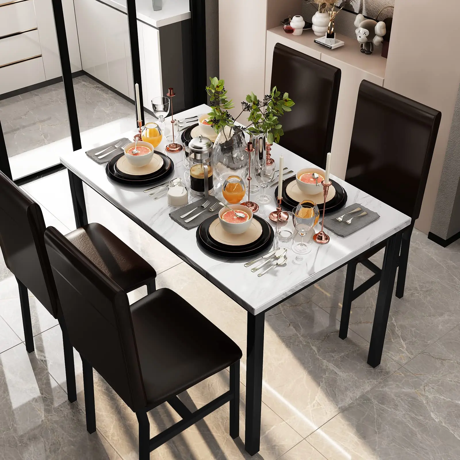 Lamerge Dining Table Set for 4 - Faux Marble Table & 4 PU Leather Chairs, Modern Design, 5 Pieces Kitchen Table & Chairs for Small Spaces - Furniture