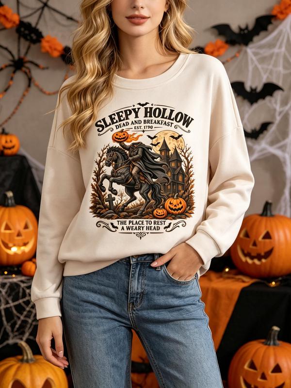 Women's Plus Size Long Sleeve Sleepy Hollow Halloween Hoodie for Women - Loose-Fit Crew Neck Gothic Theme Graphic Pullover, Lightweight Comfortable Fabric Headless Horseman Fall Top