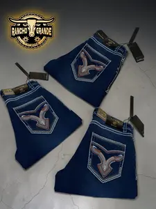 Ptcto- 1405 Dark Blue Men's Western Cowboy Jeans Straight Fit Boot Cut / Pantalon Vaquero para Hombre corte Bota