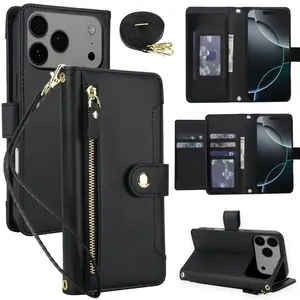 Love zipper leather card wallet box smartphone case+wrist strap, Cellphone, suitable for iPhone17 16/15 Pro Max/14/13/12/11, flip design, durable protection, can be inserted with a card, anti-theft brush, women's flip, protective shell