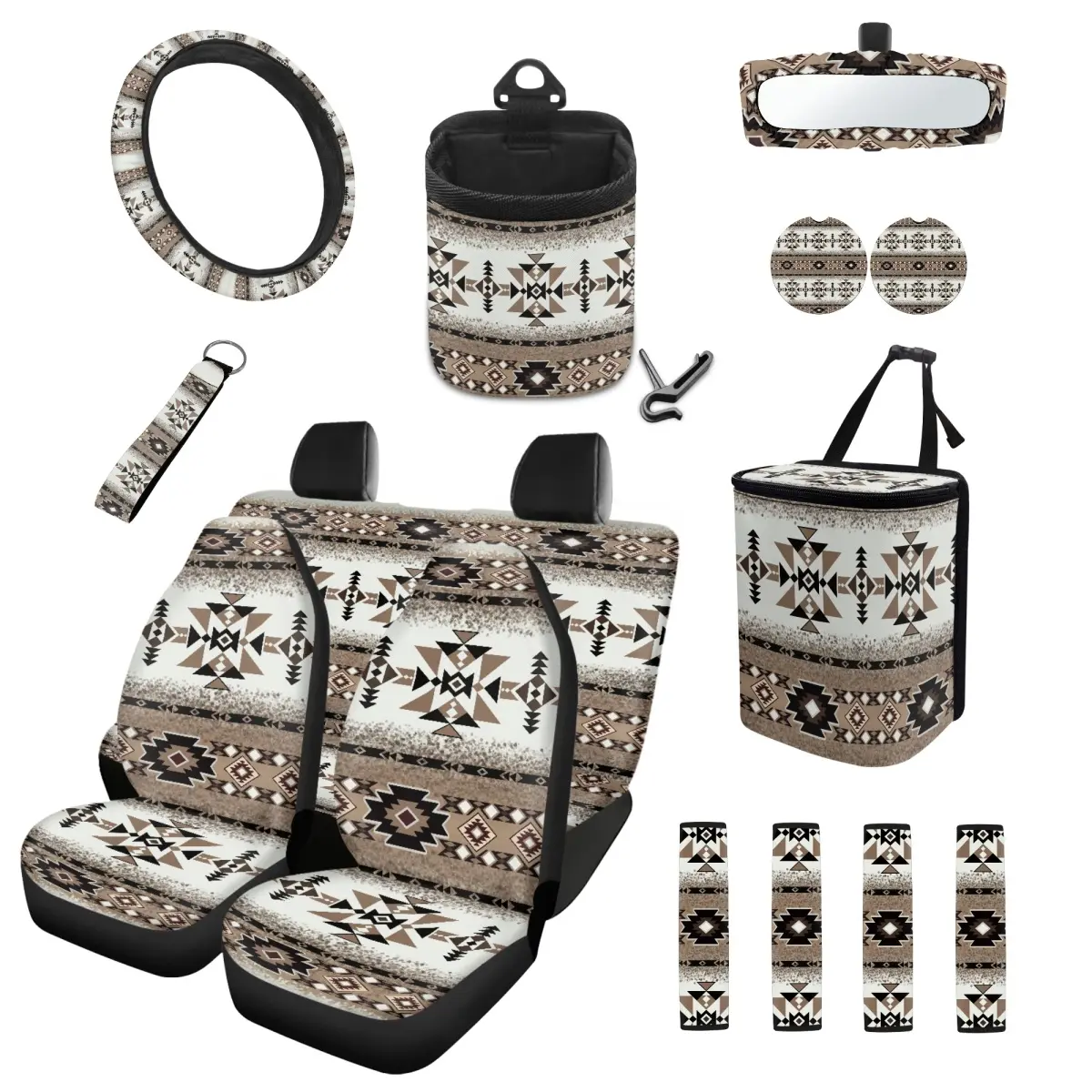 Western Aztec 14-Piece Full Set Car Seat Covers for Cars, Elastic Non-Slip Auto Interior Kit with Steering Wheel Cover, Coasters, Safety Pads, Garbage Bag & Keychain – Festive Holiday Home Decor Gift for Adults