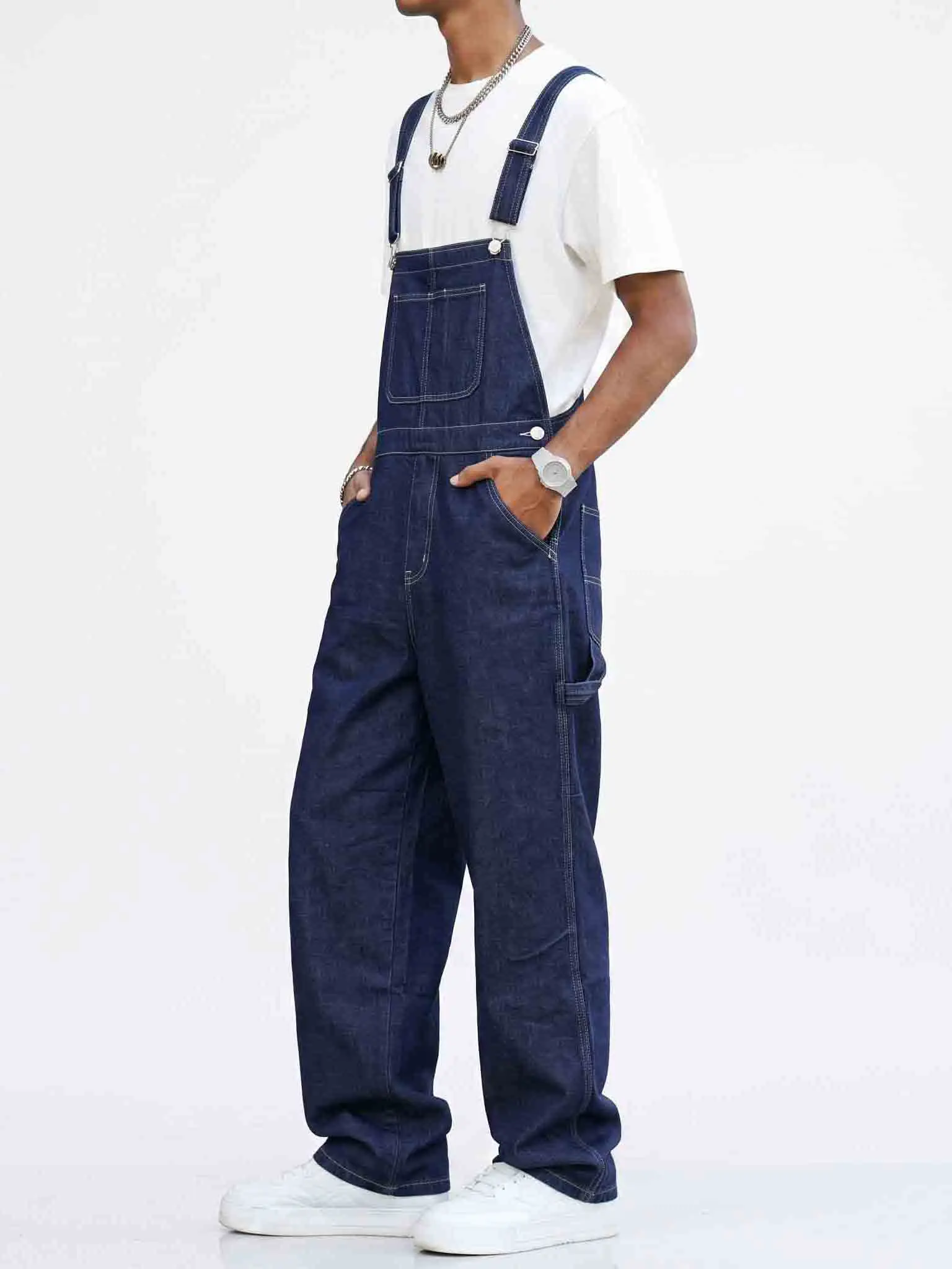 Men's 100% Cotton Plain Denim Baggy Coverall Bib Overalls - Dark Wash, Wide Leg, Multiple Pockets, Adjustable Cross Back Strap, Short Sleeve, Loose-Fit, All Seasons Casual Street Style Workwear, Menswear, Retro