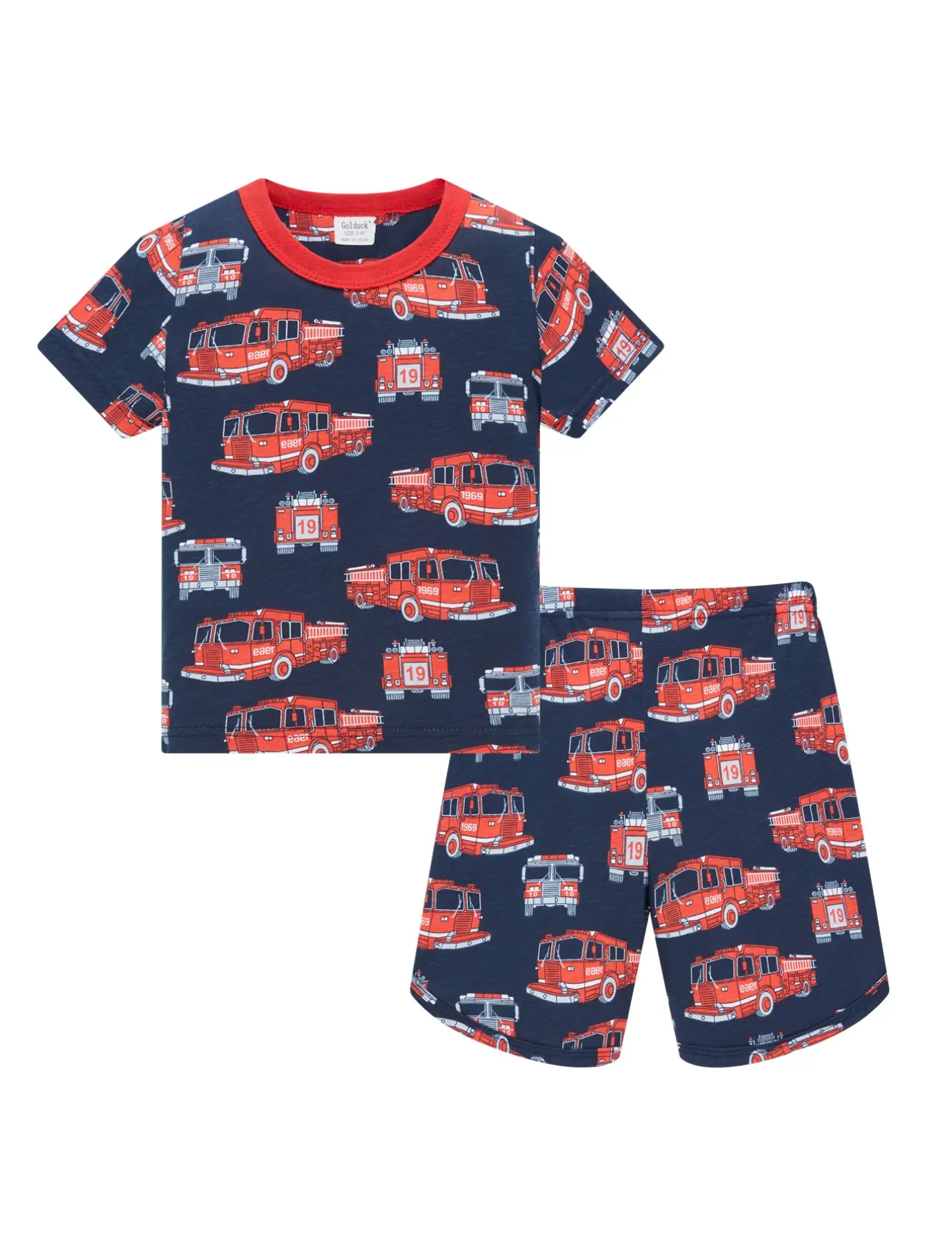 Boys' Summer Casual Sleepwear Set, Short Sleeve & Shorts, Fire Truck Design, Comfortable, Soft Breathable Pjs, Pajama Set, Ideal for Home & Travel