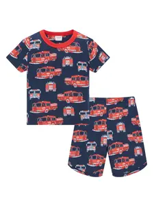 Boys' Summer Sleepwear Set, Short Sleeve & Shorts, Print Sleepwear, Fire Truck Design, Comfortable Cotton Fabric, Ideal for Home & Travel, Cotton Material