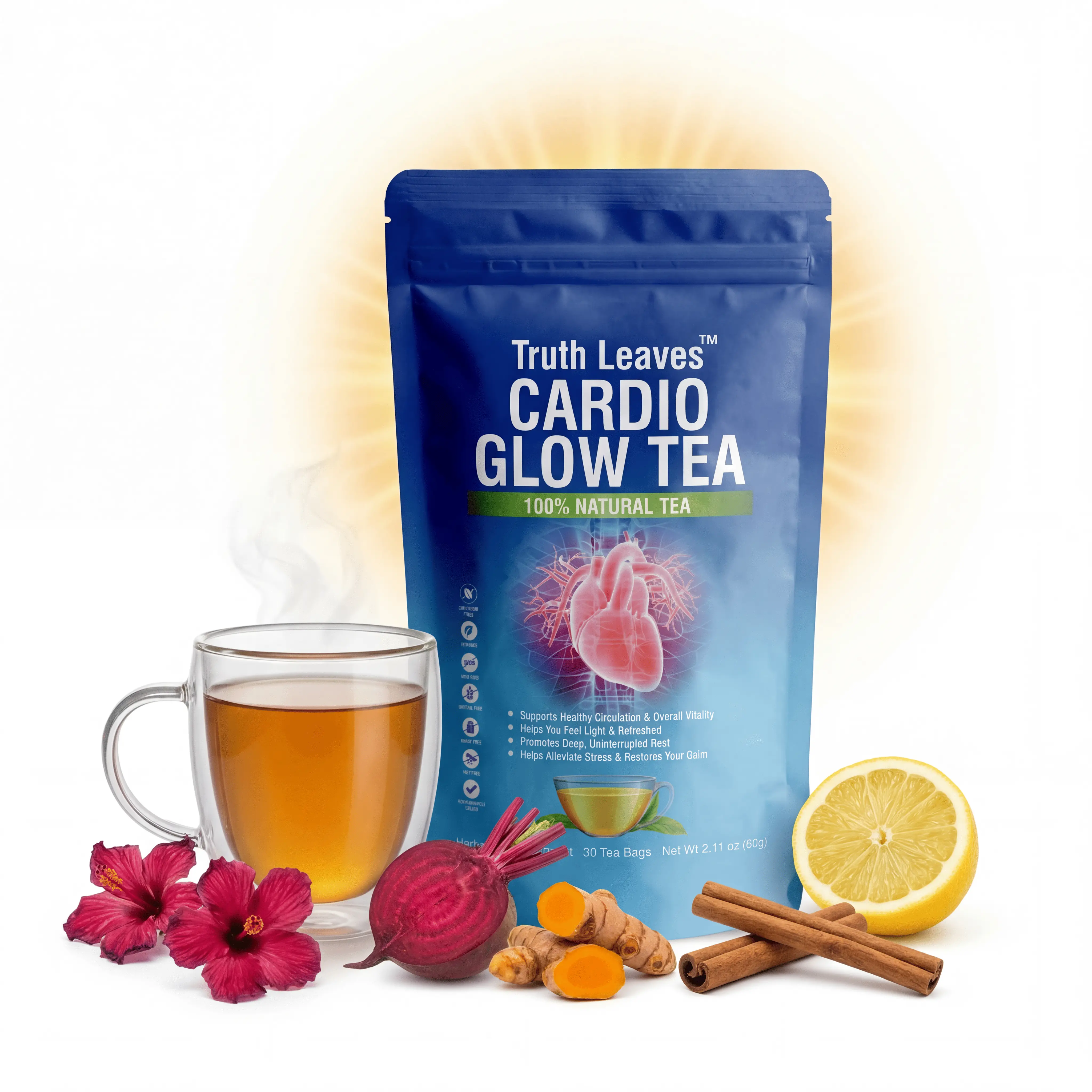 Truth Leaves - 15-in-1 Hibiscus Dandelion Root Detox for Blood Pressure & Nitric Oxide Support - Beetroot Hawthorn Berry TMG Turmeric Curcumin Chamomile Ginger Root - Metabolism & Energy Boost