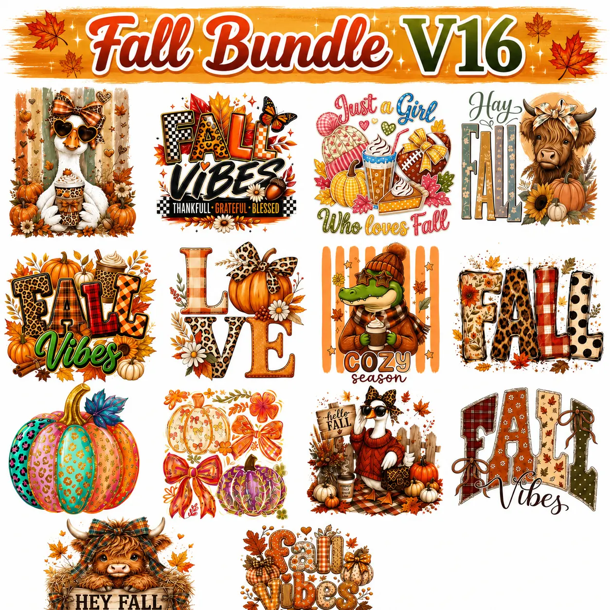 Fall Bundle V16 |  Ready-to-Press DTF & Sublimation Heat Transfer Designs | Printmaking Accessories for T-Shirts