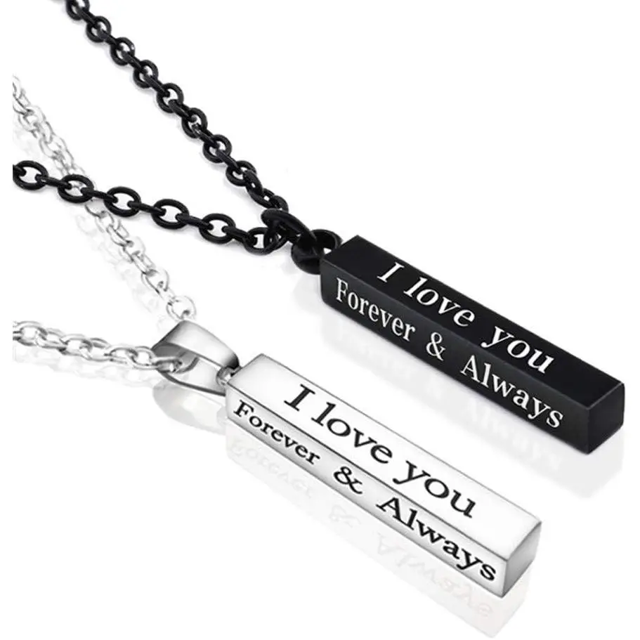 Couples Matching Necklace Set with Engraved 1.18-inch Pillar Pendants | Hypoallergenic Stainless Steel, Waterproof for Shower & Swimming, Anniversary Gift, Stainless Steel Chain, 1.18 Inches Pillar, 19.6 Inches