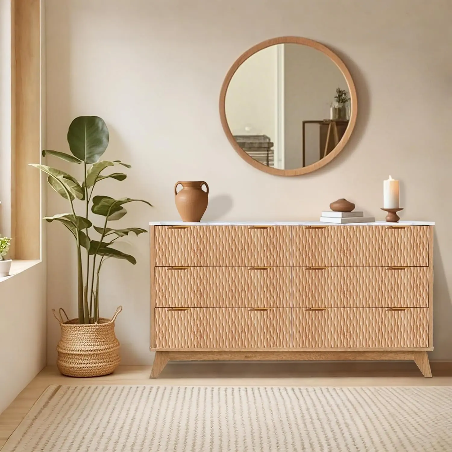 54in Brown Diamond-Fluted 6-Drawer Dresser with Marble Top, Wavy Textured MDF Wood, Curved Edges, Silent Slides, Waterproof Surface, Stable Structure, Numbered Panels, 60% Faster Assembly, Modern Storage Organizer, Modern Storage Cabinets, Kitchen Pantry,
