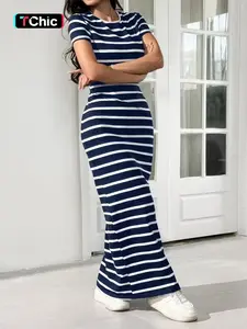 Women's Spring Summer Slim-Fitting Striped Round Neck Dress, Casual Fashionable Daily Wear, Perfect for Everyday