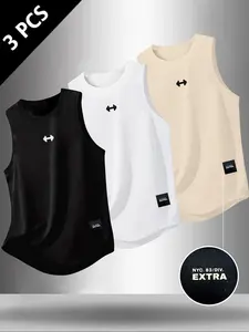Men's 3-Piece Dumbbell Print Round Neck Sleeveless T-Shirt, Casual Comfortable Top for Summer Outdoor Fitness Wear
