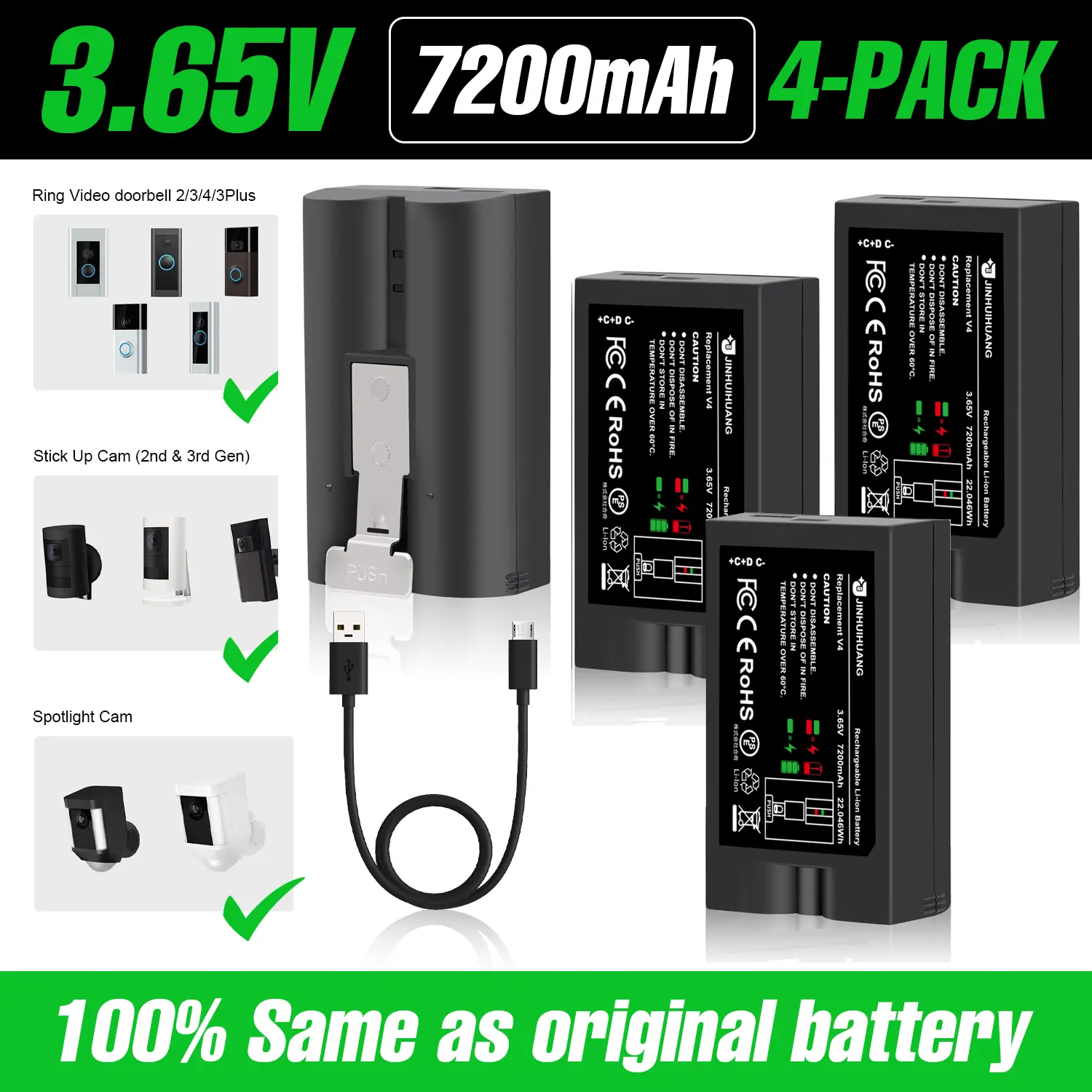 Wireless 2-Pack 7200mAh High-Capacity Lithium-Ion Rechargeable Battery Pack - Compatible with Most Video Doorbells (Gen 2/3/3plus/4), Security Cameras, Home Security System - Fast Charging, Long Runtime, Overheat Safe - FCC/CE/RoHS Certified Accessory