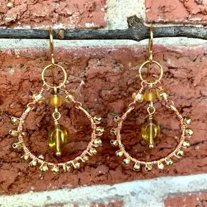 Gold Color Earrings - Wire Wrapped Hoops - Boho Style
