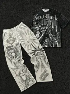 Men's Street Style Streetwear Loose-Fit T-Shirt Set, Freedom Statue Angel Print, Vintage Washed Two-Piece, Trendy Casual Wear