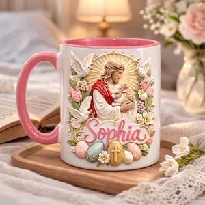 Personalized Jesus Mug, 2D Printed 3D Effect Faux 3D Ceramic Coffee Cup with “He Is Risen” Christian Easter Design for Kids, Women and Moms, Perfect for Easter Celebration, Daily Devotion and Gift for Faith Inspired Believers Keepsake