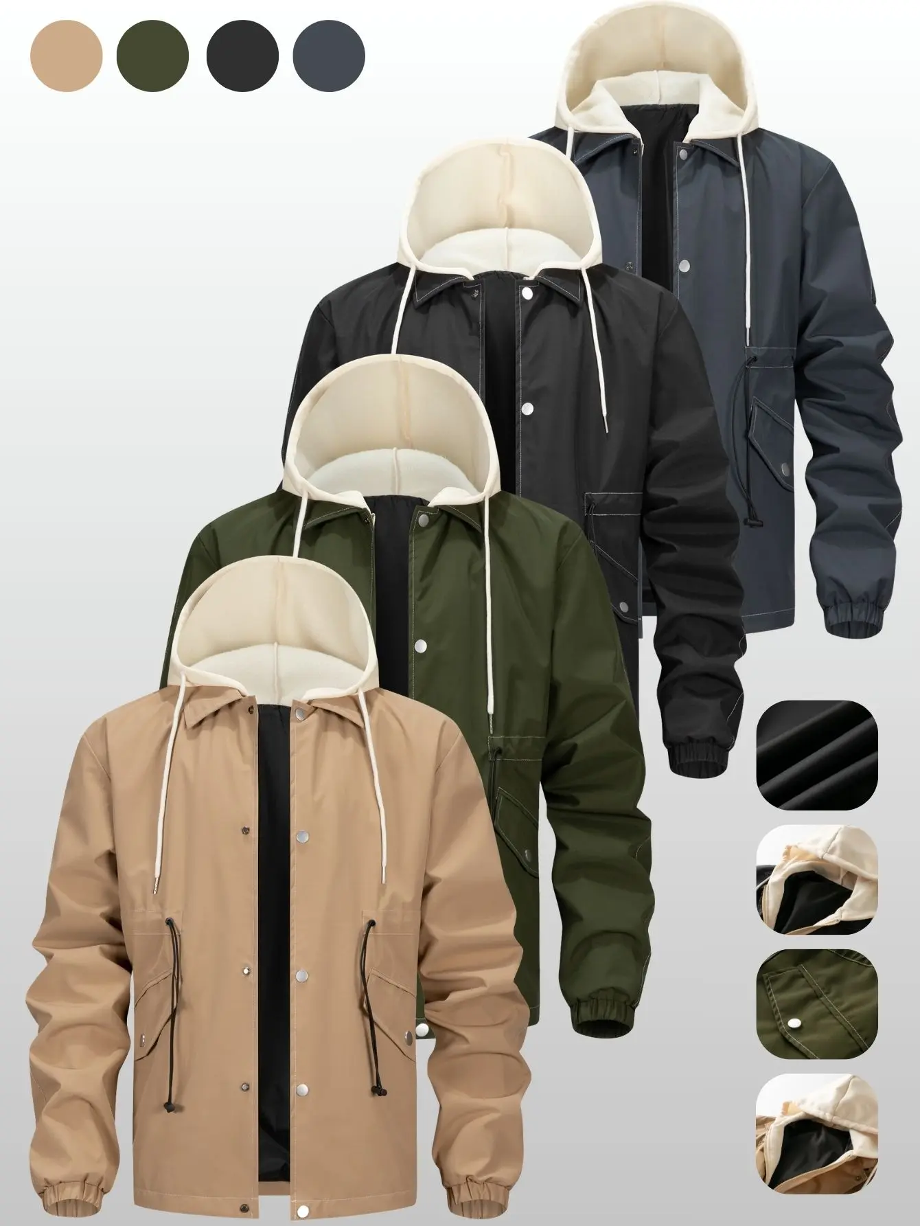 Men’s turn-down collar jacket with detachable hood, exposed stitching details, front button closure, cargo pockets on both sides with drawstrings, elastic cuffs at the sleeves, loose drop-shoulder fit—everyday workwear jacket.