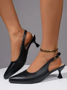 Women's Classic Minimalist Pointed Toe Slingback Kitten Heels | Black Red Beige 3-Color Options Adjustable Buckle Versatile Heels for Office & Date Footwear Buckle Shoes
