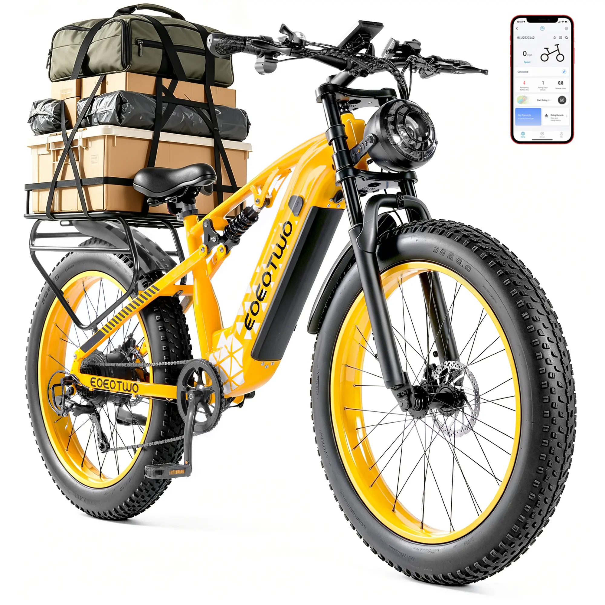 EOEOTWO E03 Peak 1500W E-bike, 48V 17.5Ah Removable Battery, 60 Miles Pedal Assist E-Bike, 34MPH Top Speed, Full Suspension Fat Tire Electric Mountain Bike for Adults, 7-Speed & 5 PAS Modes, Dual Disc Brakes for Off-Road, Commuting & Adventure