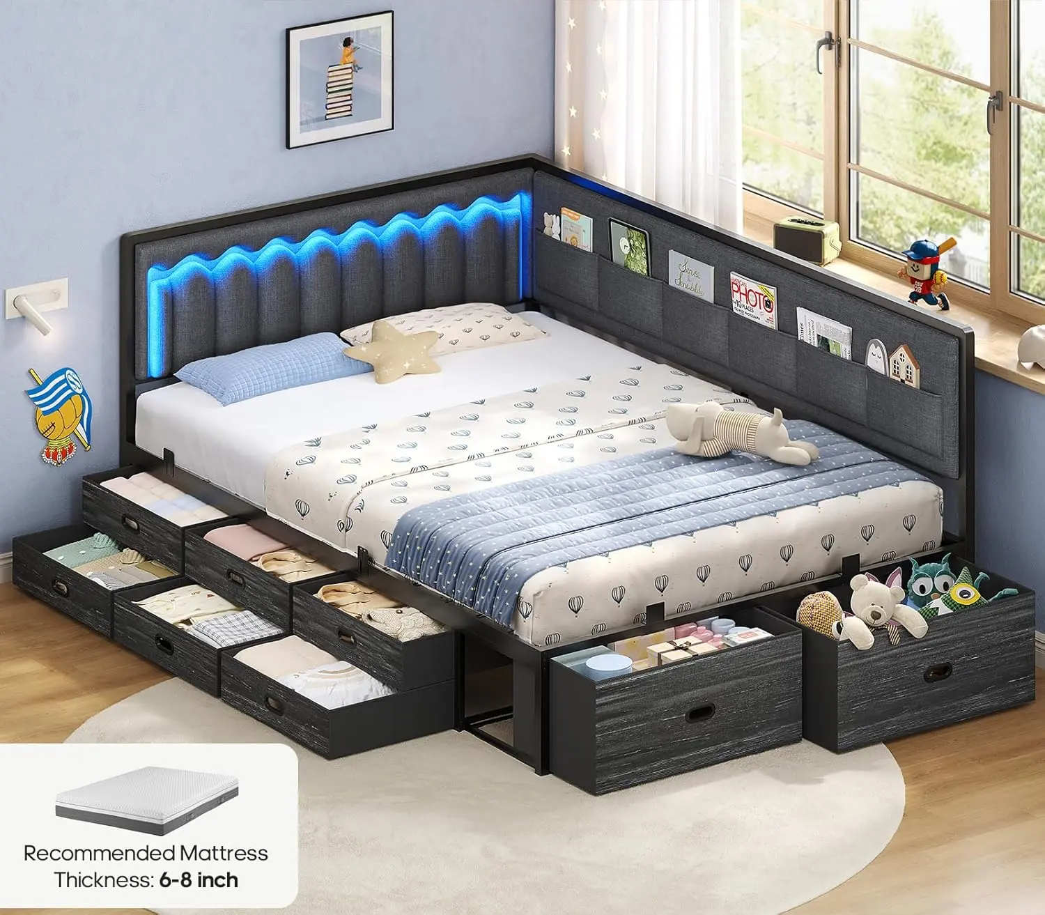 [Summersale] Sikiac PU Leather Corner Bed Frame - Smart RGB LED Wave Lights, 8 Storage Drawers, Silent Upholstered Guardrails, Space-Saving Daybed with Storage Pockets for Teens, Modern Bedroom Furniture, Dorm Essentials